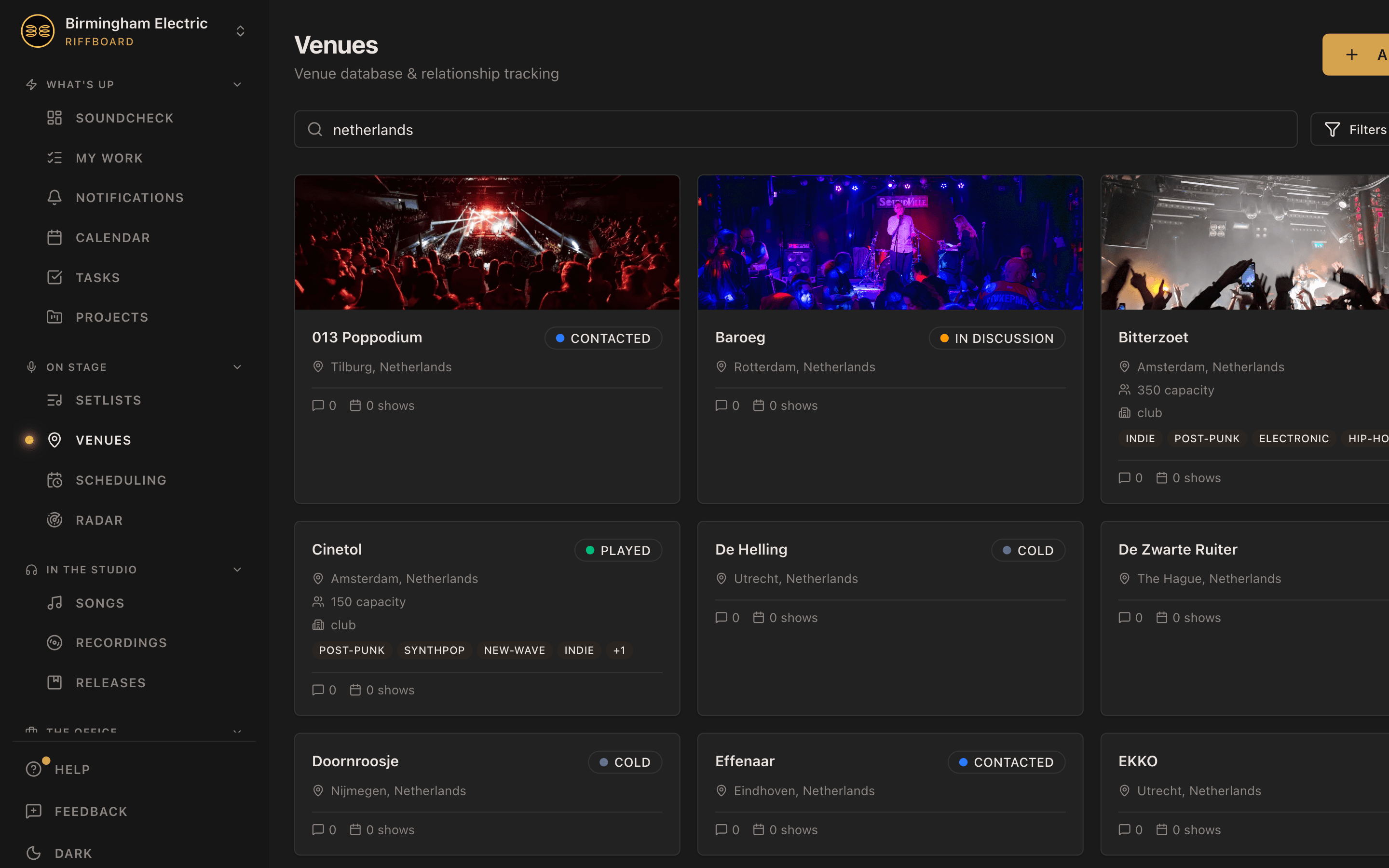 Riffboard venue database showing venue details, booking contacts, capacity, and outreach interaction history