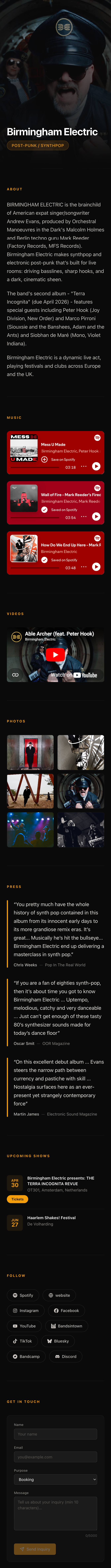 Riffboard electronic press kit with artist bio, embedded music player, press photos, and booking inquiry form